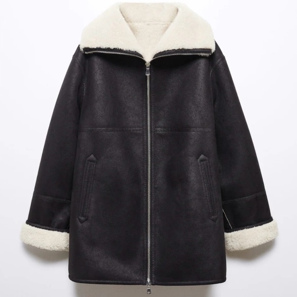 Mango Faux Shearling Faux Leather Black and Cream Coat - Picture 1 of 10